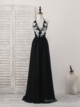 Black V Neck Chiffon Lace Long Prom Dress Black Evening Dress